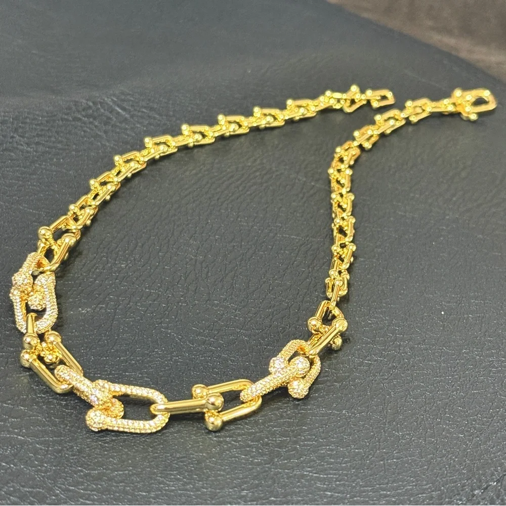 Elegant 14K Gold Plated Cubic Zirconia Graduated U Link Chain Necklace
